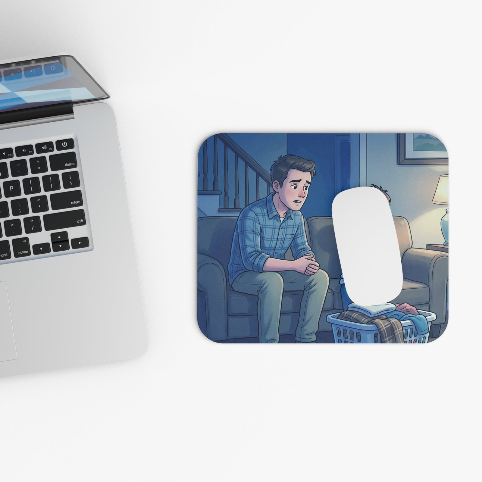Supportive Dad and Son Illustration Mouse Pad — Comforting Bedtime Talk Desk Mat - Image 4