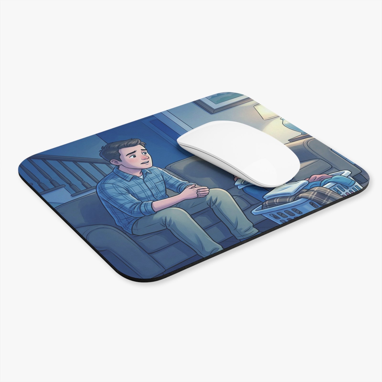 Supportive Dad and Son Illustration Mouse Pad — Comforting Bedtime Talk Desk Mat - Image 3