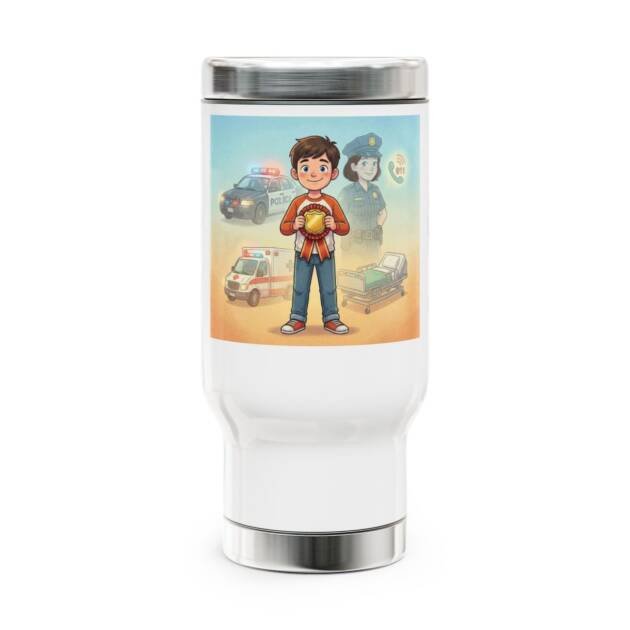 Travel Mug — 'Future Helper' Kid with Police & Emergency Vehicles Stainless Steel 14oz