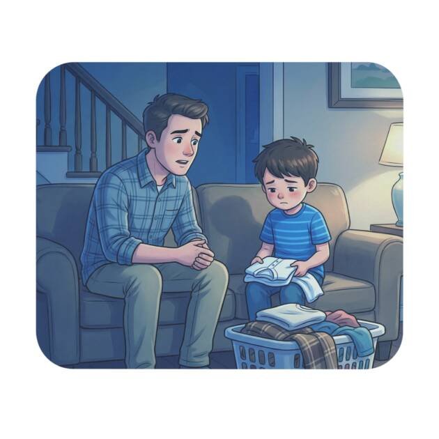 Supportive Dad and Son Illustration Mouse Pad — Comforting Bedtime Talk Desk Mat