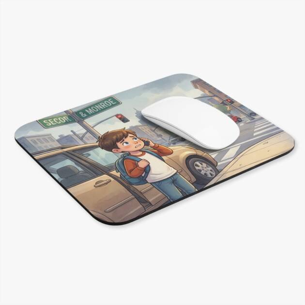 Lost at the Crosswalk Rectangle Mouse Pad — Cute Kid Illustration, Secor & Monroe Street Scene