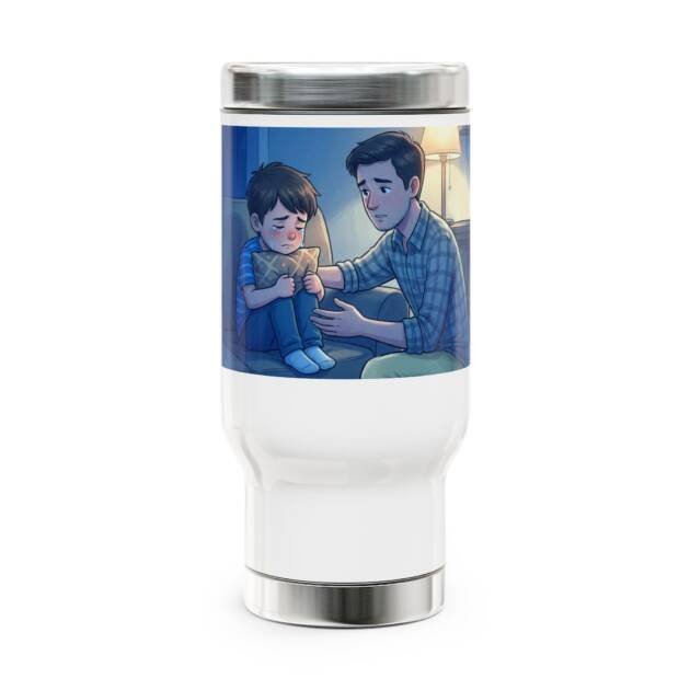 Travel Mug — Dad Comforting Son Nighttime Illustration Stainless Steel 14oz