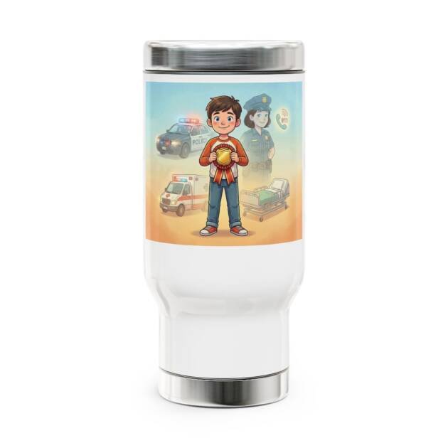 Firefighter Boy Illustration Travel Mug – 14oz Stainless Steel Handle Tumbler